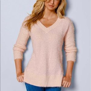 Pink v neck fuzzy sweater